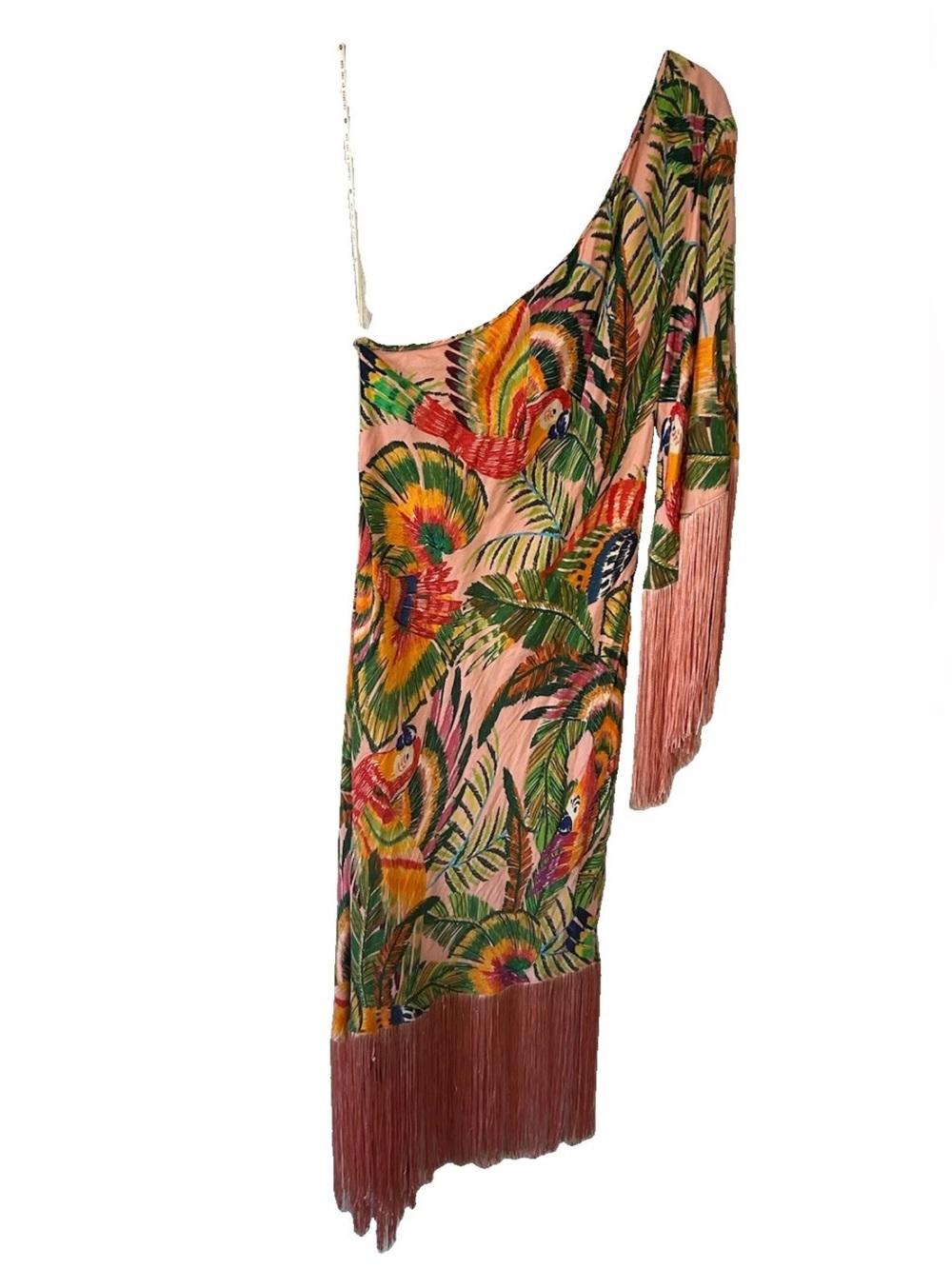 FARM Rio Macaw Leaves One Shoulder Fringe Midi Dress XL Parrot Tropical Rare - Picture 7 of 15
